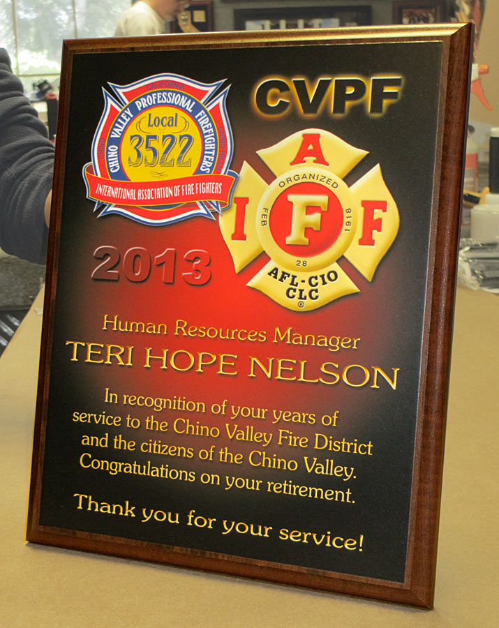 Chino
              Valley Fire Dept. Recognition plaque