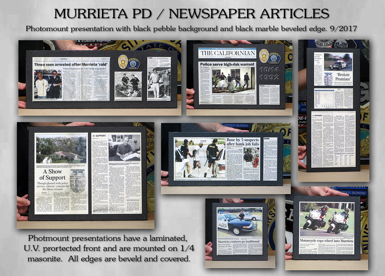 Murrieta PD - Newspaper Articles photomounted with black marble edge from Badge Frame