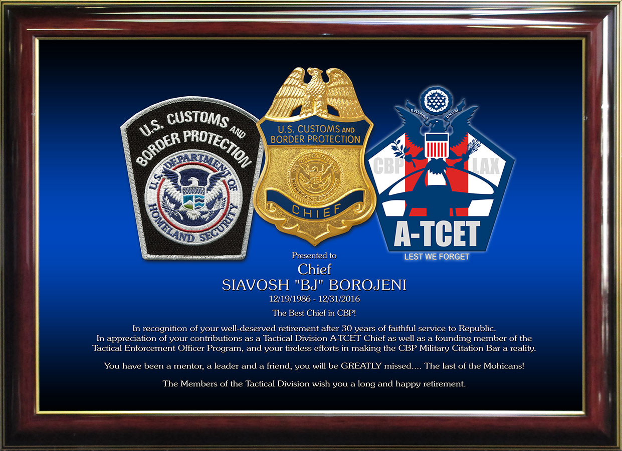 US Customs Recognition Plaque
          from Badge Frame