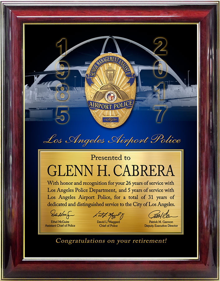 LAWA Retirement
          Recognition Plaque from Badge Frame for Cabrera