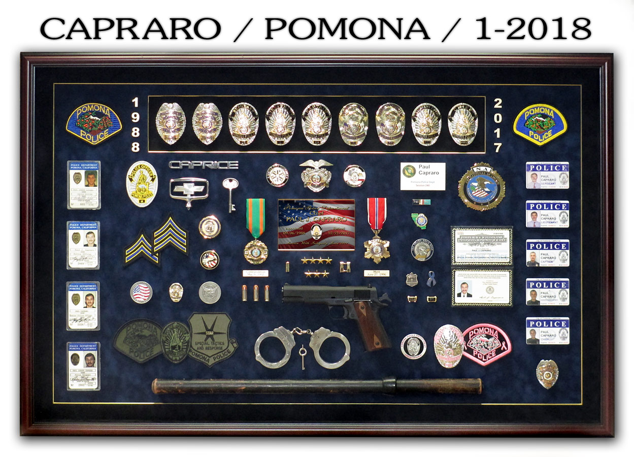 Capraro / Pomona PD Chief shadowbox presentation from Badge Frame