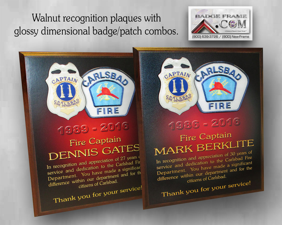 Fire Recognition plaques from
          Badge Frame for Carlsbad Fire Department