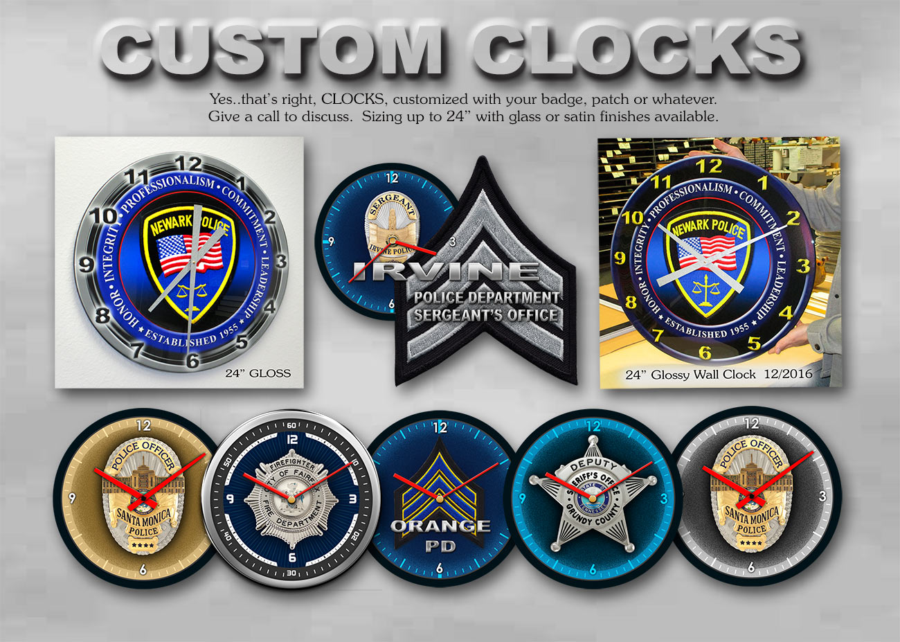 Police Clocks -
          Custom graphics on clocks from Badge Frame