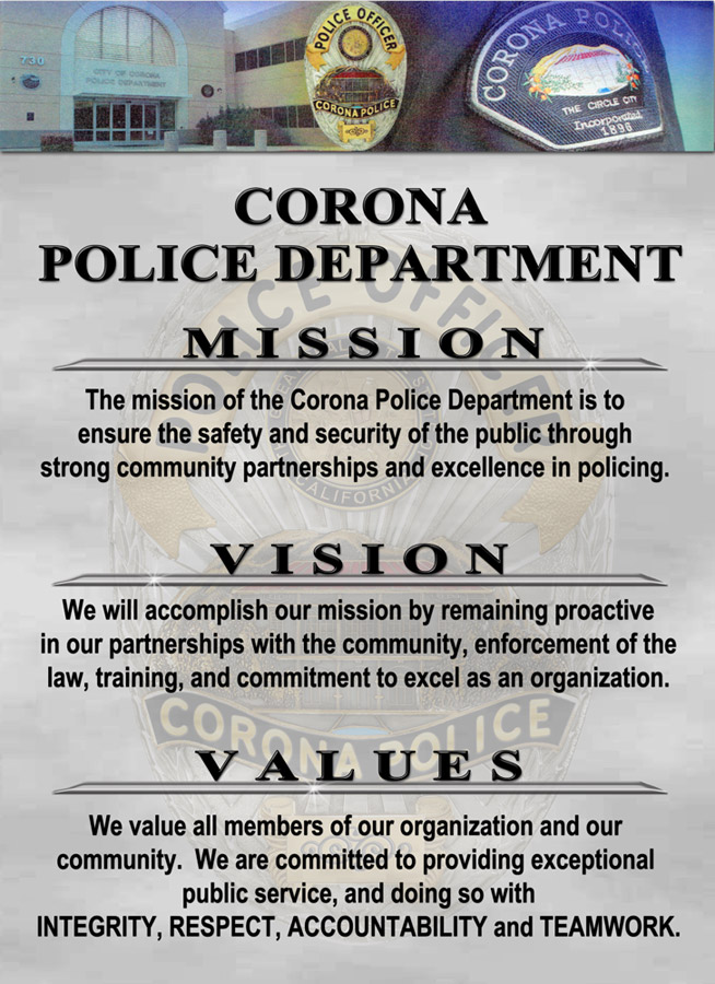 Corona PD Mission, Vision, Values