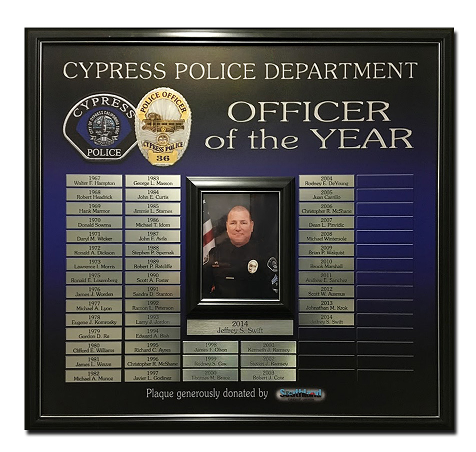 Cypress PD - Officer of the
          Year Perpetual Plaque from Badge Frame