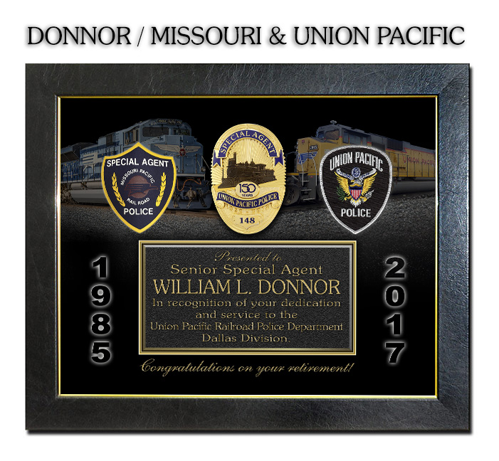 Donnor - Missouri Pacific and Union
          Pacific Railroad Recognition Plaque from Badge frame