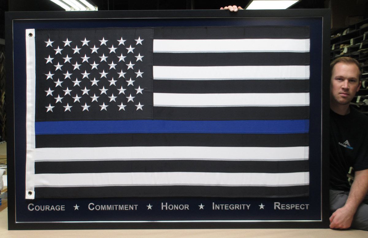 Blue Line Flag framed with printed background from Badge Frame