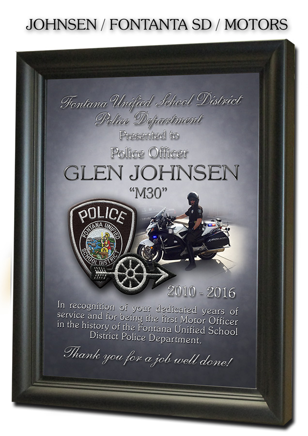 Johnsen - Fontana
          Unified Motors PD - Recognition Plaque from Badge Frame