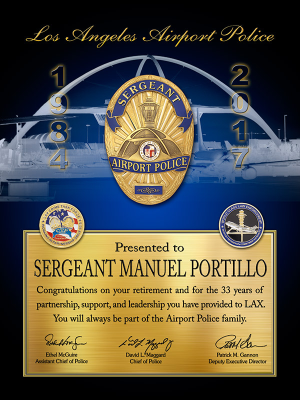 LAWA - Recognition/Retirement plaque
          for Portillo from Badge Frame