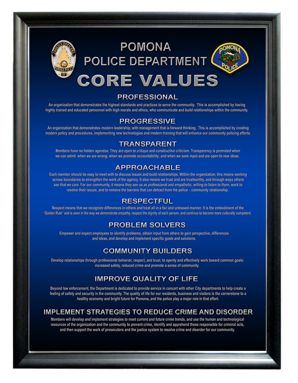Pomona Police
                    Department m- Core Values from Badge Frame