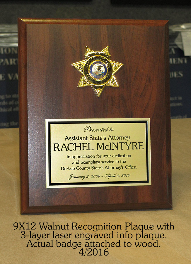 Rachel McIntire - DeKalb County
          State's Attorney's Office - Recognition Plaque from Badge
          Frame