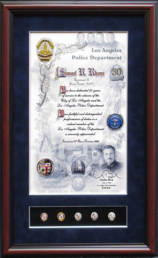 Rhone - LAPD Year Pins and Certificate
                          from Badge Frame