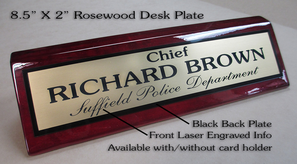 Rosewood Desk Plate with laser
          engraved names from Badge Frame