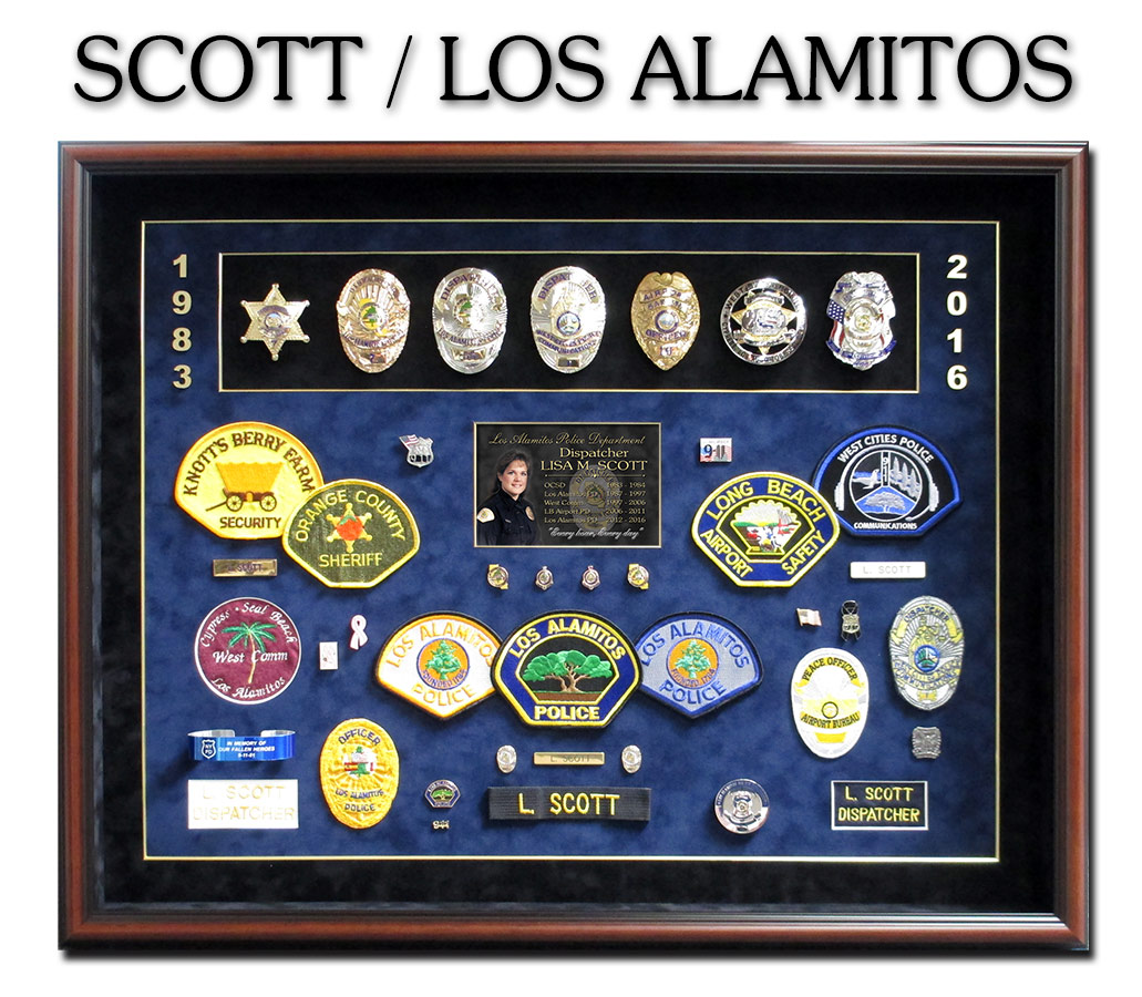 Police Dispatch Retirement Shadowbox for Scott from Los
          Alamitos. Badge Frame / Chino, CA